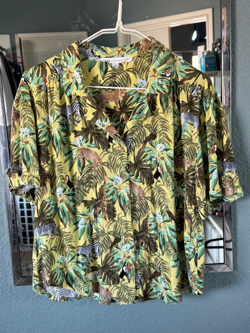 Urban Outfitters Yellow Green Tropical Button-Down Shirt